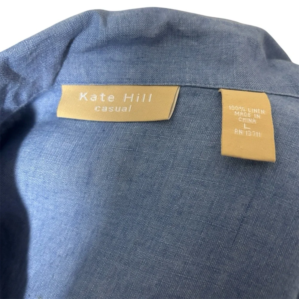 Kate Hill Chambray Blue Linen Long Sleeve V Neck Tunic with Side Slit Sz Large - Picture 6 of 6